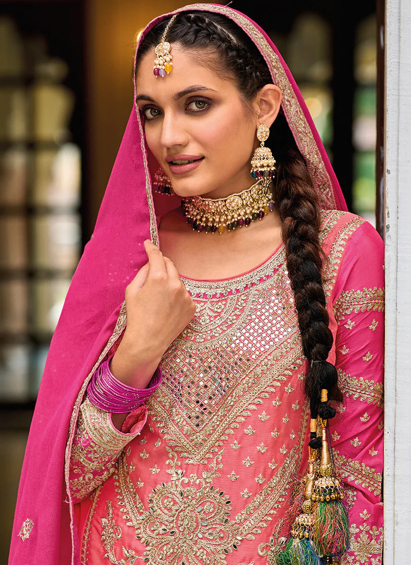 Heavy Chinnon Embroidered Rose Pink Salwar Suit