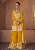 Yellow Embroidered Georgette Palazzo Suit
