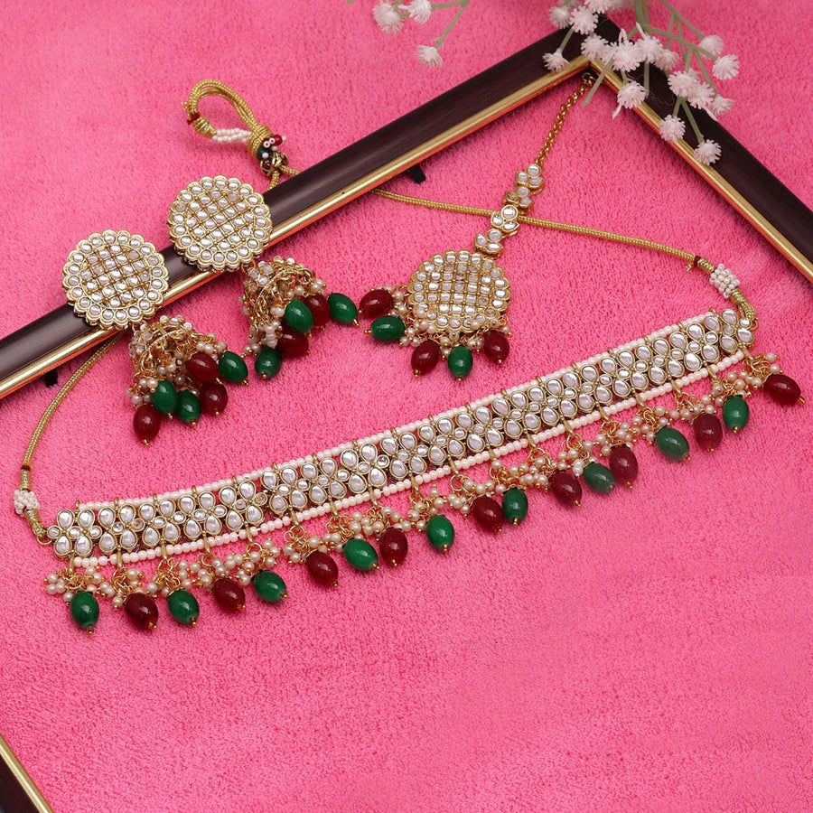 Enchanting Ember Maroon & Green Color Choker Necklace Set