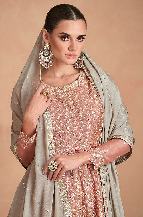 Peach Embroidered Palazzo Suit