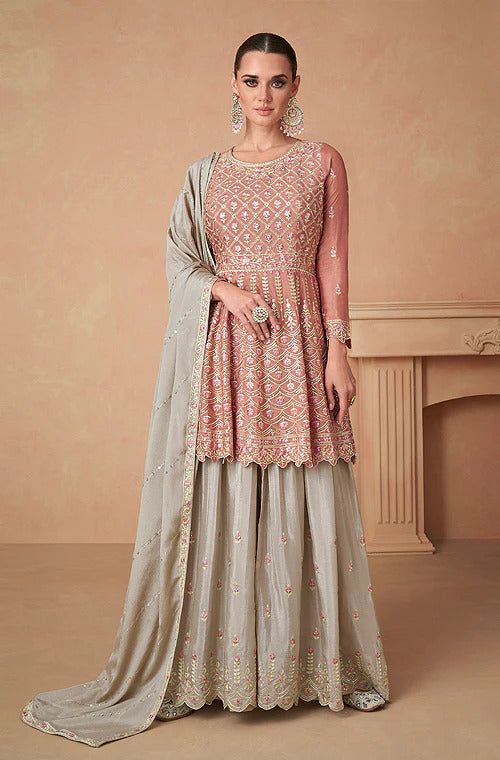 Peach Embroidered Palazzo Suit