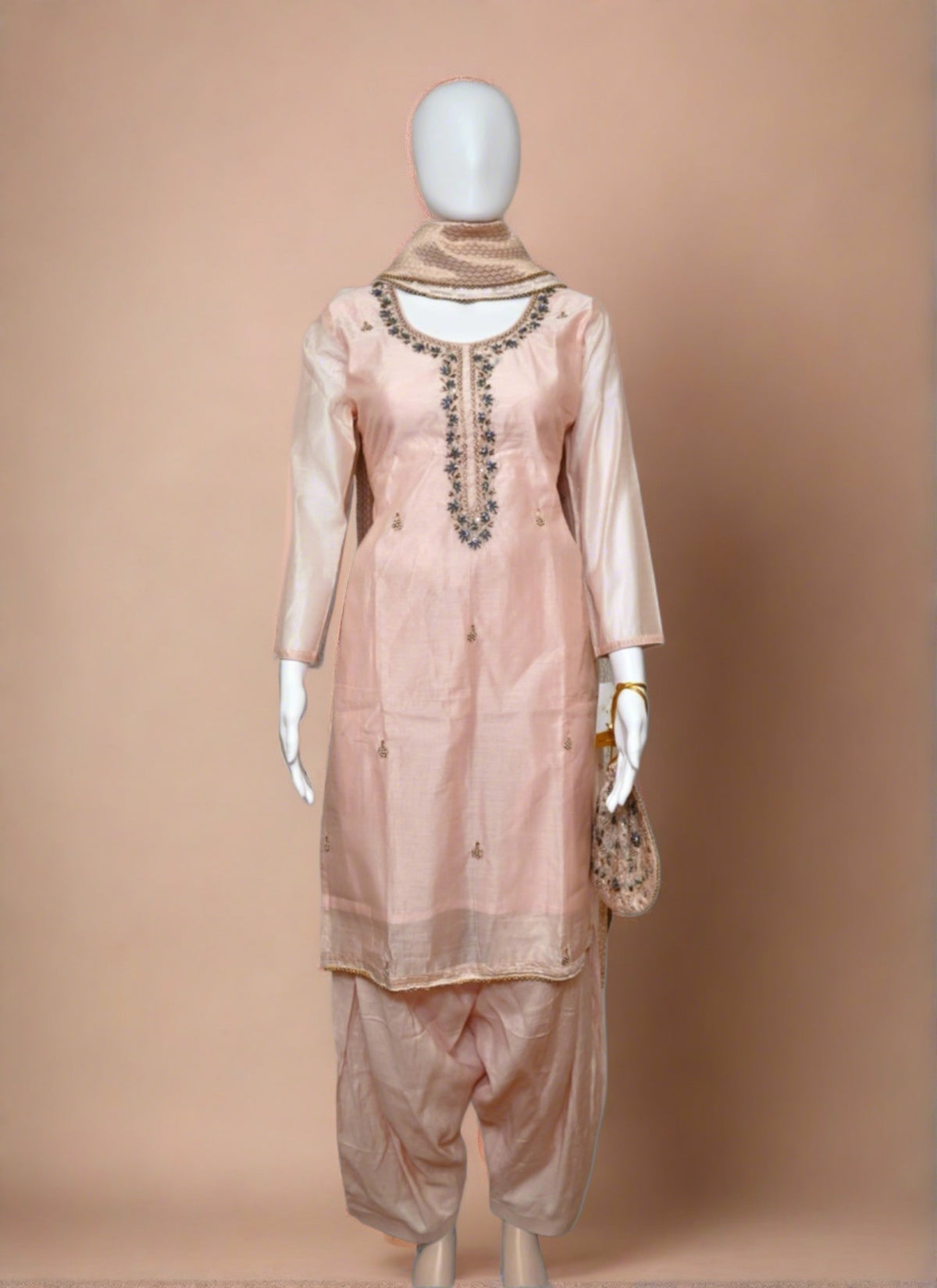 Peach Embroidered Salwar Suit with Pouch
