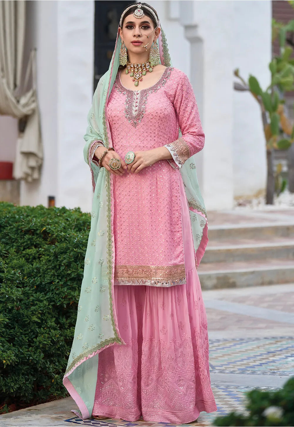 Embroidery Pink Color Palazzo Faux Georgette Salwar kameez