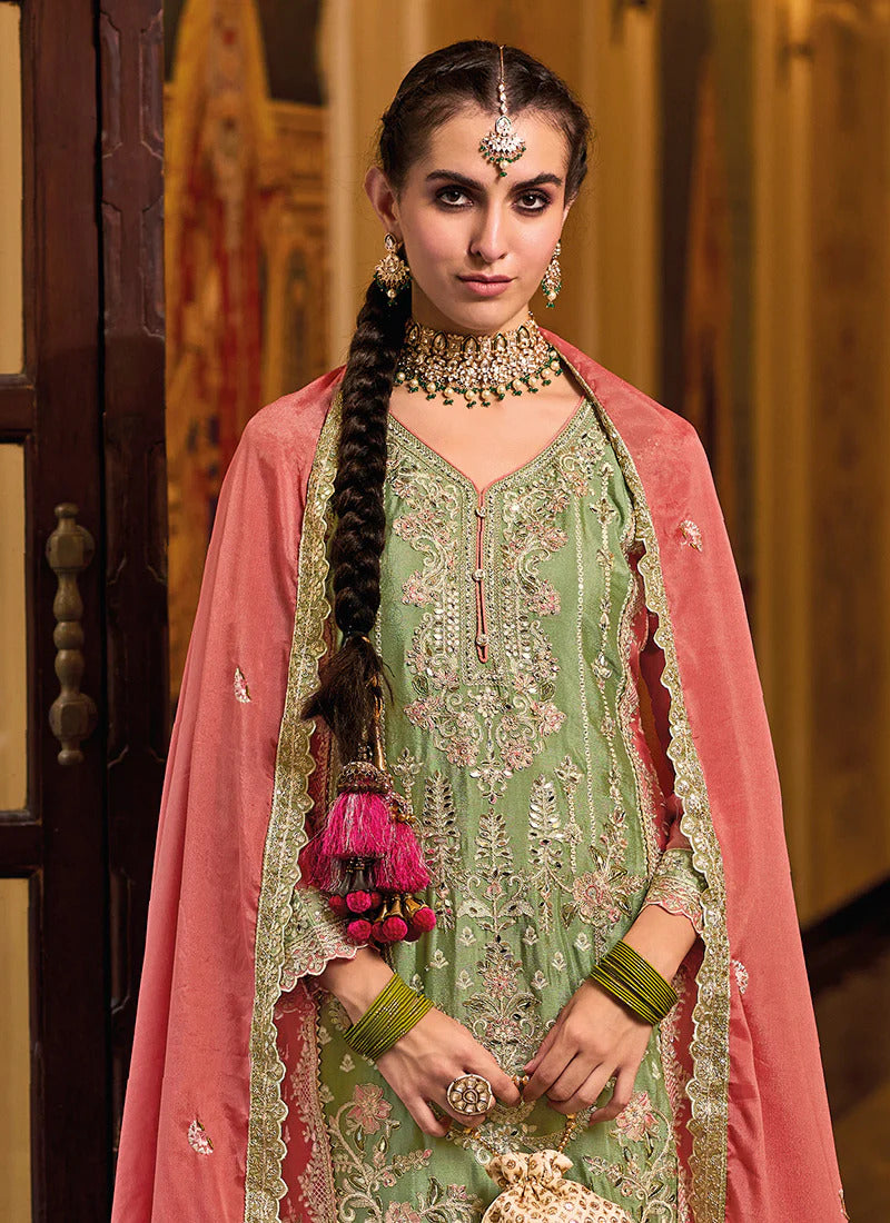Heavy Chinnon Embroidered Lime Salwar Suit
