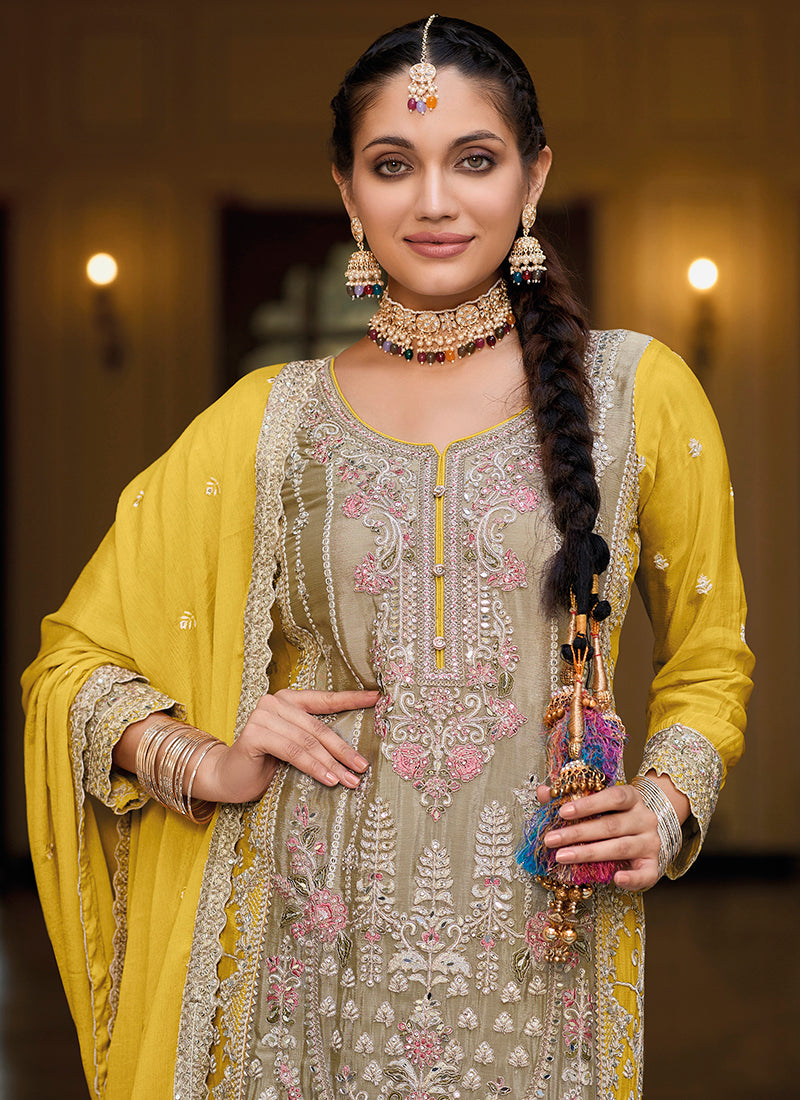 Heavy Chinnon Embroidered Grey Salwar Suit