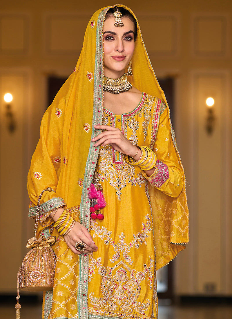 Heavy Chinnon Embroidered Yellow Salwar Suit