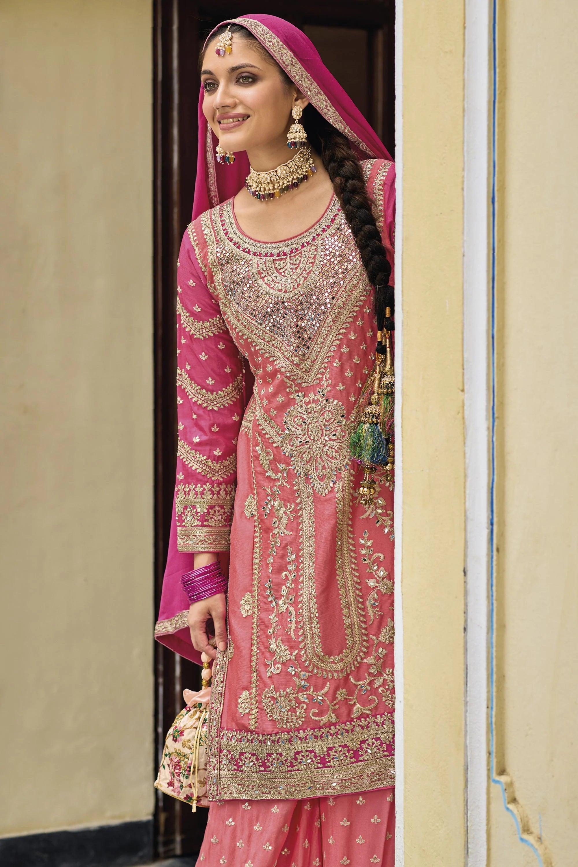 Heavy Chinnon Embroidered Rose Pink Salwar Suit