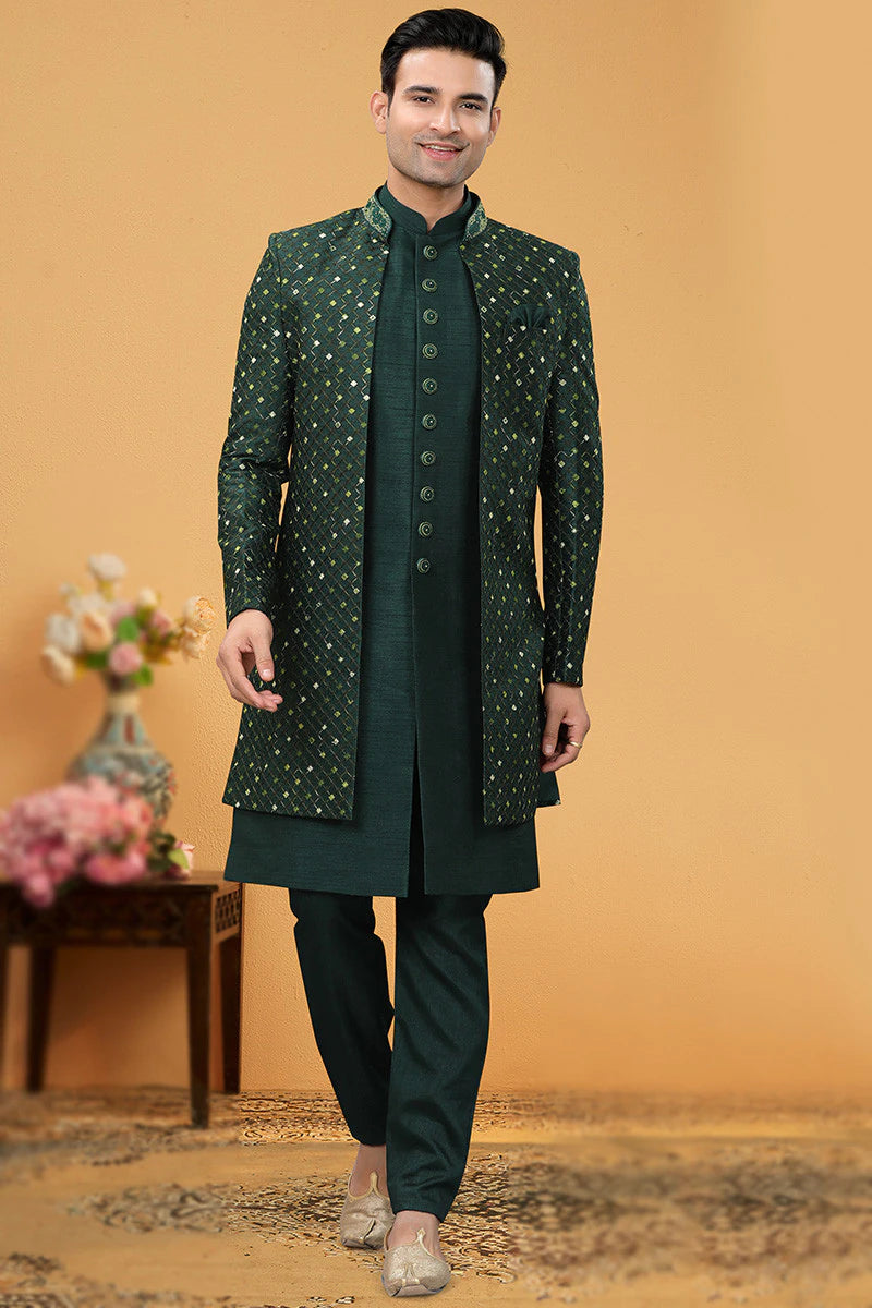 Green Wedding Wear Jacket Style Sherwani