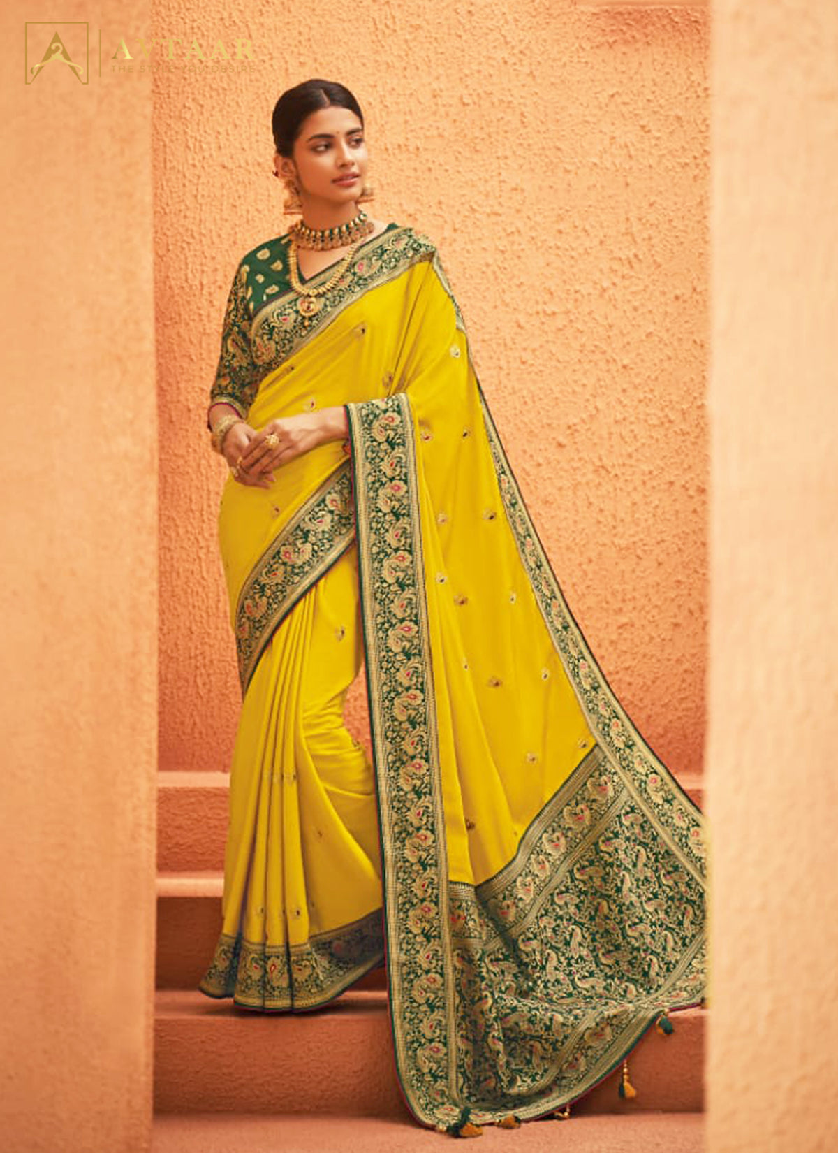 Party Wear Yellow Soft Silk Saree With Green Blouse