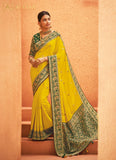 Party Wear Yellow Soft Silk Saree With Green Blouse