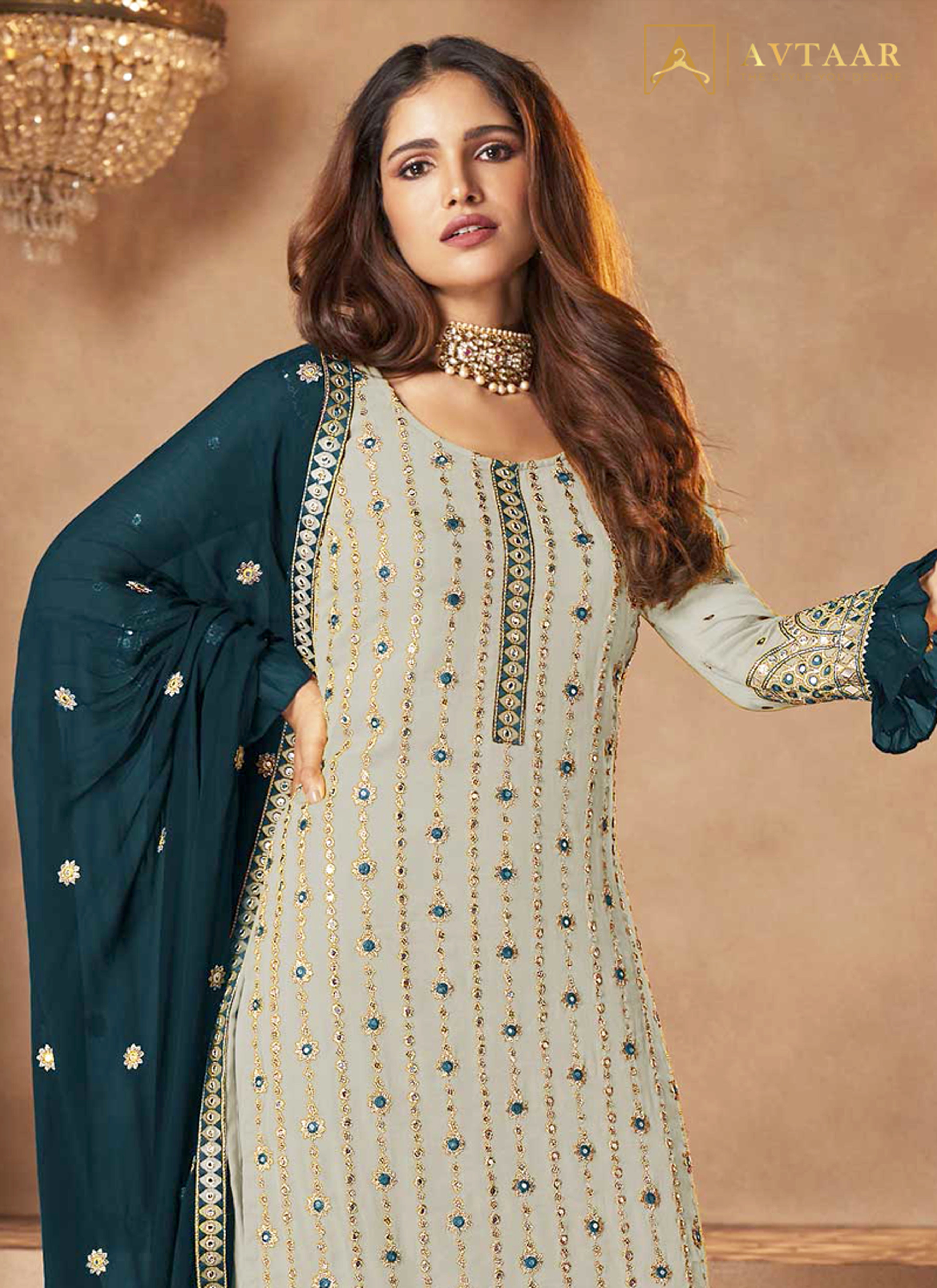 New Georgette Embroidery Sharara Suit