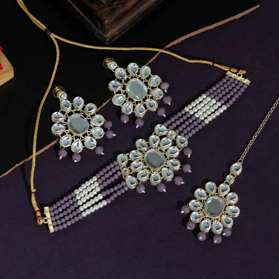 Purple Color Choker Kundan Necklace Set