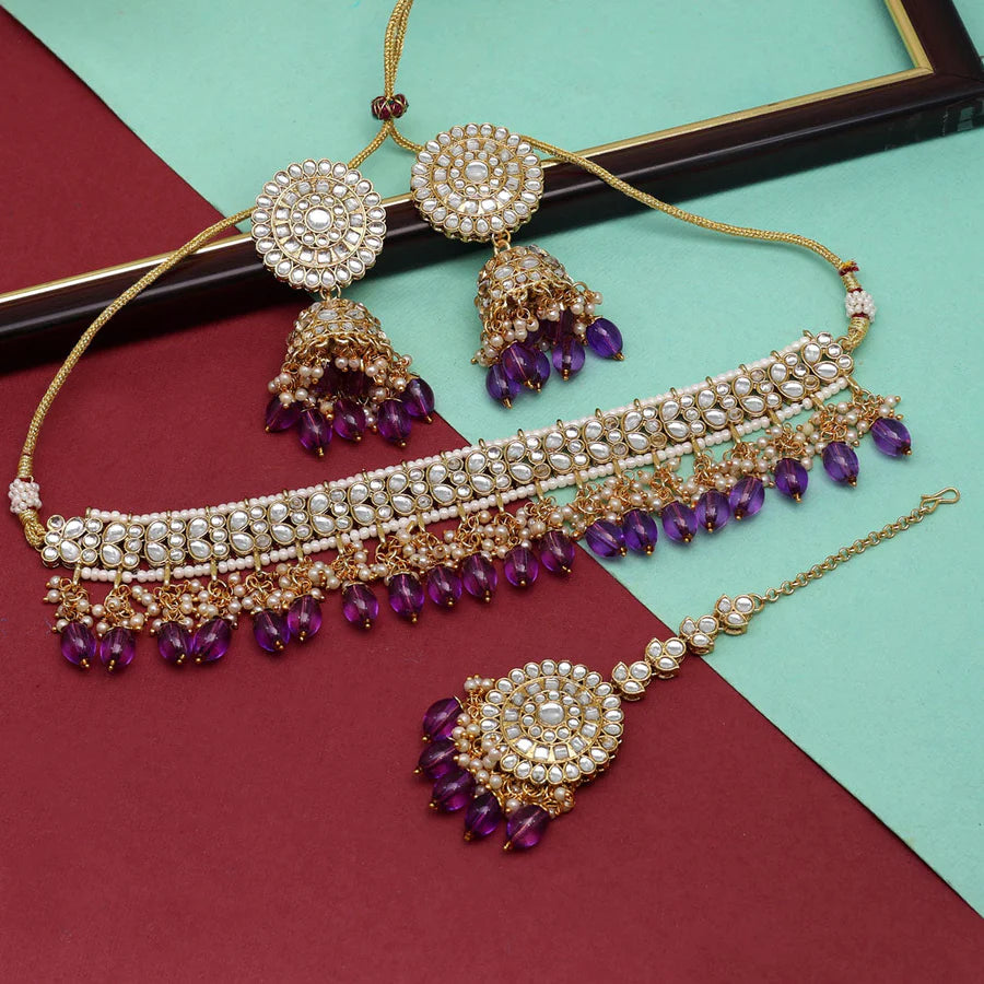 Beautiful Purple Color Choker Kundan Necklace Set