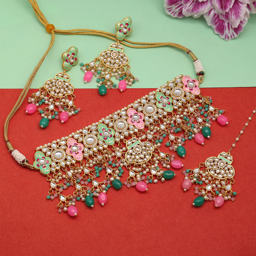 Pink & Rama Green Color Kundan Meenakari Necklace Set
