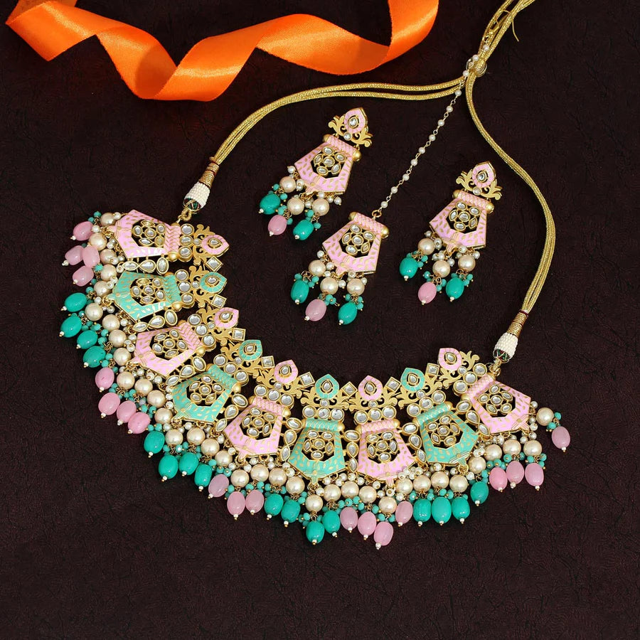 Pink & Pista Green Color Kundan Meenakari Necklace Set