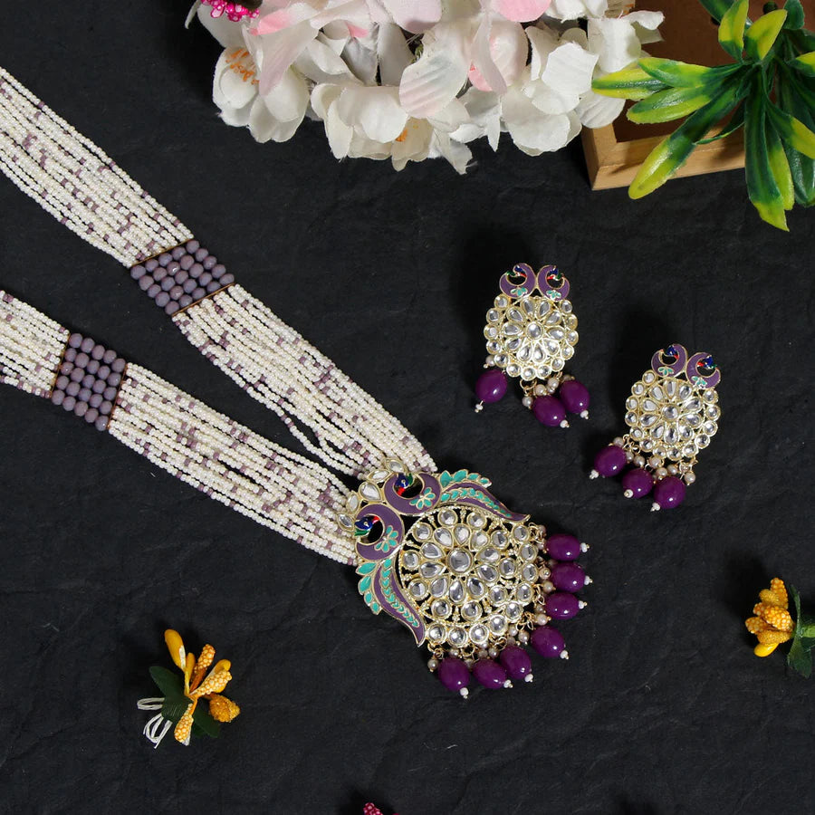Purple Color Long Meenakari Necklace Set