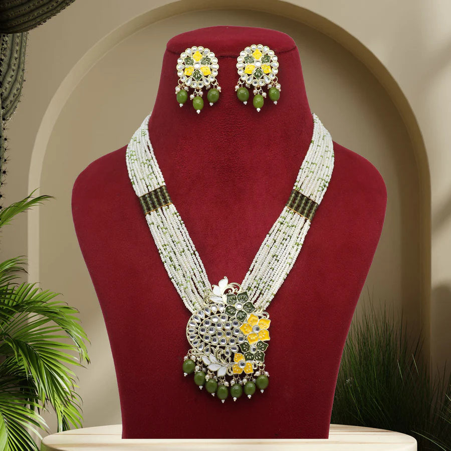 Mehandi Green Color Long Meenakari Necklace Set