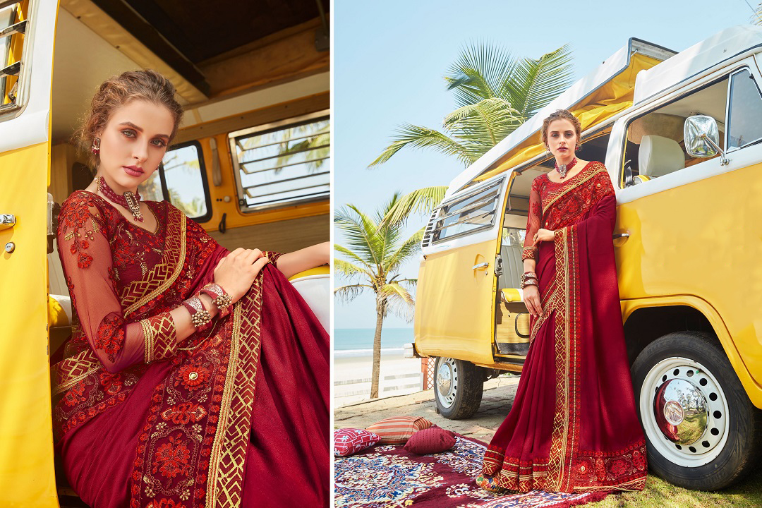 Beautiful Silk Embroiderd Wedding Wear Saree