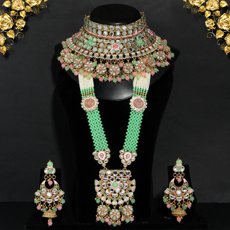 Pink & Pista Green Color Mint Meena Kundan Dulhan Set