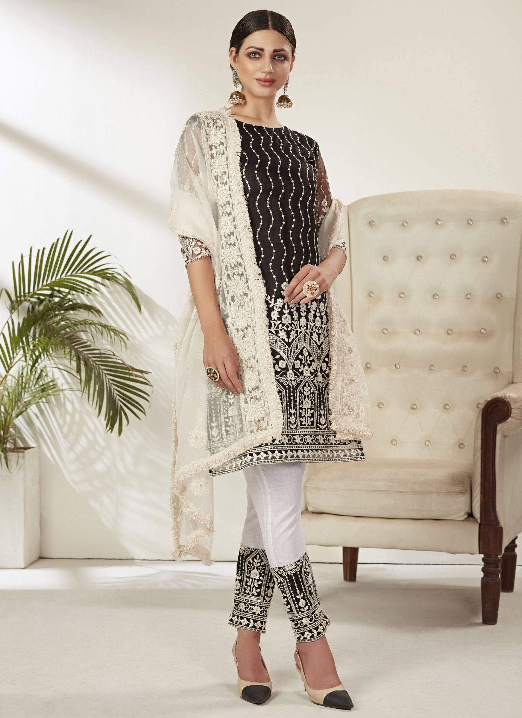 Net Fabric Fancy Embroidered Salwar Kameez Designs Black Color