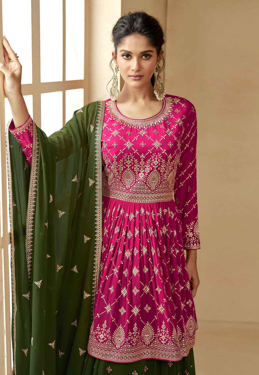 Ruby Pink Embroidered Skirt Palazzo Suit