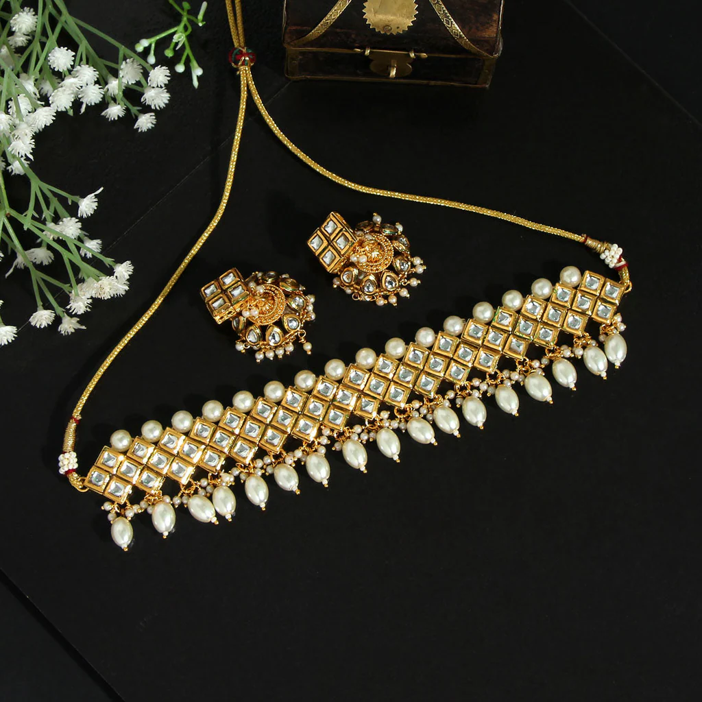 Beautiful Meena Work Choker Kundan Necklace Set White
