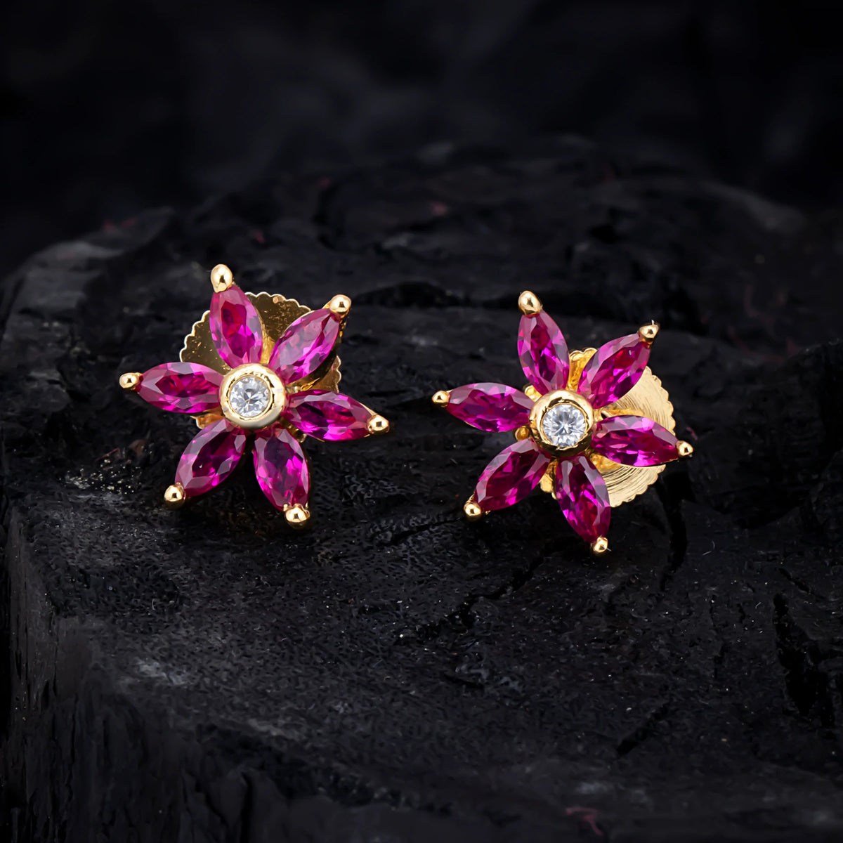 Floral Cz Gold Plated Stud Earrings