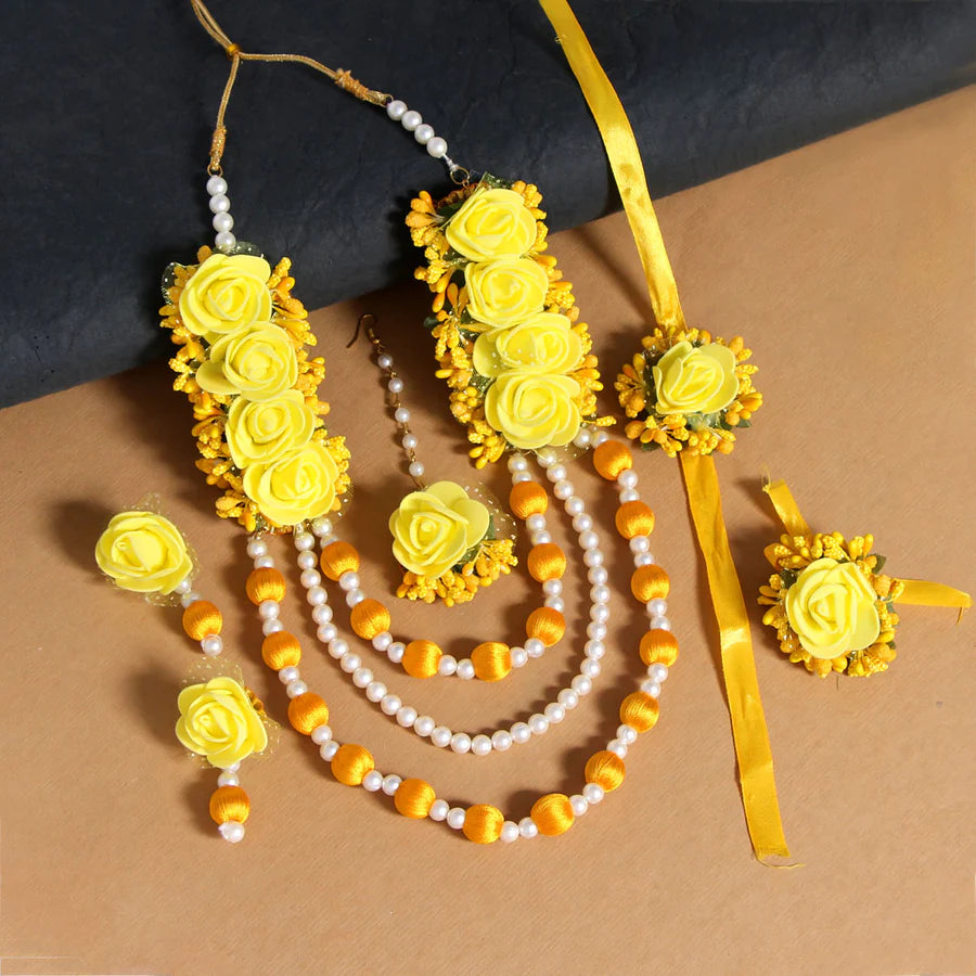 Yellow Color Synthetic Rose Floral Necklace Set