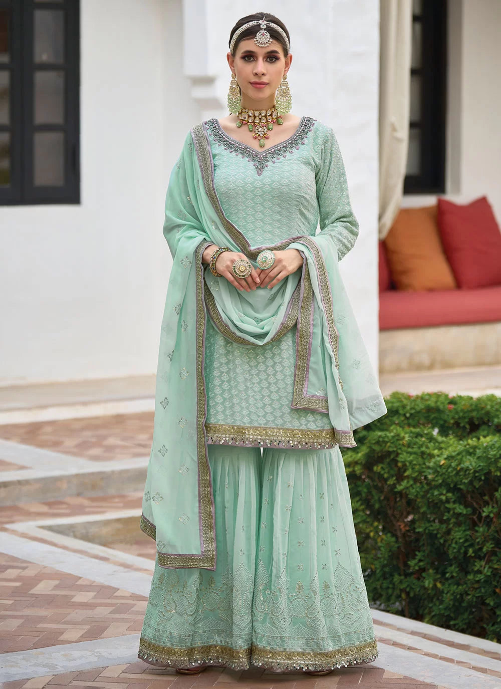 Sea Green Palazzo Embroidery Faux Georgette Salwar Suit Design
