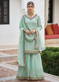 Sea Green Palazzo Embroidery Faux Georgette Salwar Suit Design