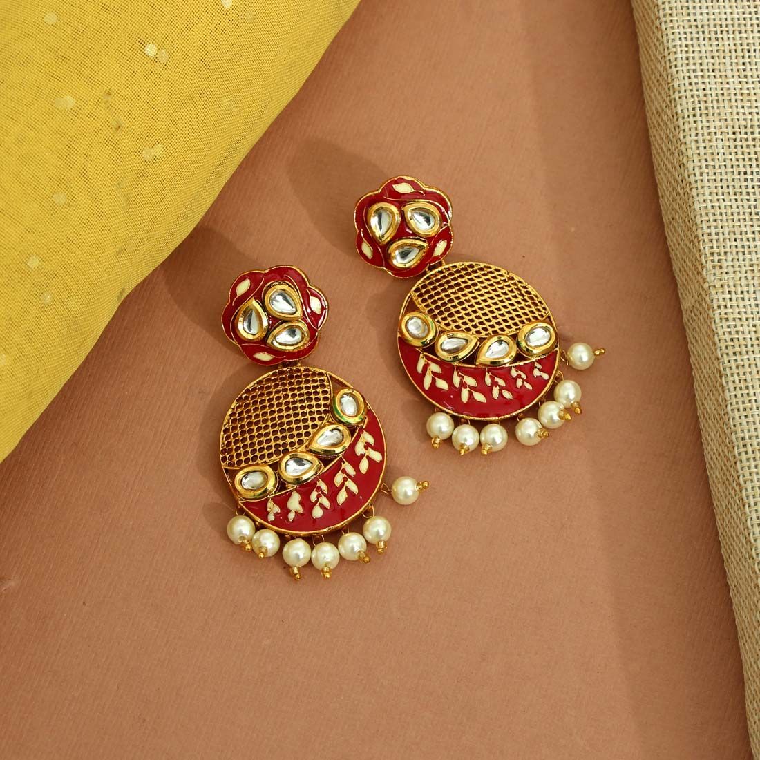 Red Color Kundan Meenakari Earrings