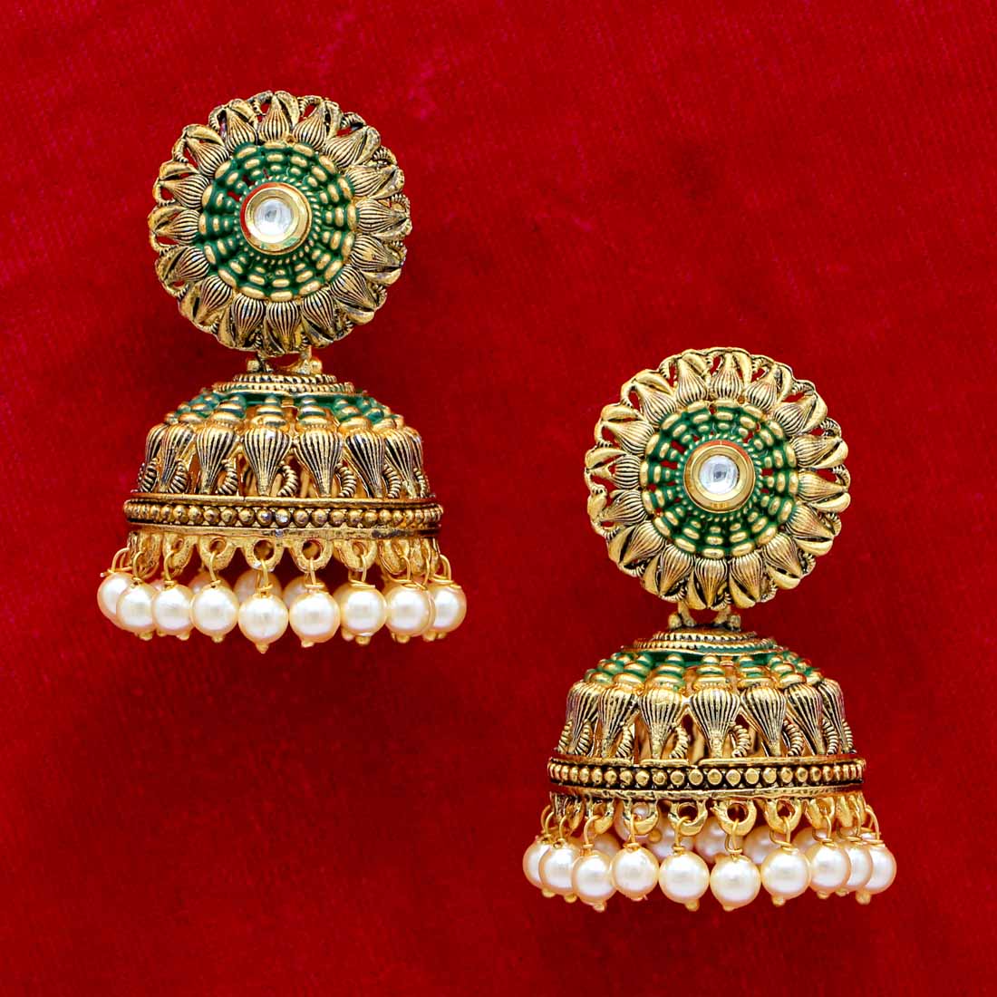 Glass Stone Tample Earrings Green