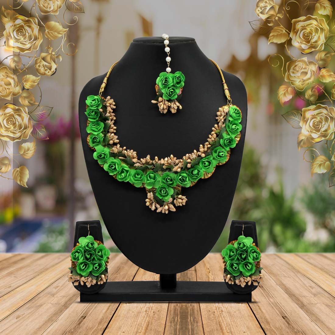 Rose Floral Green Synthetic Necklace Set